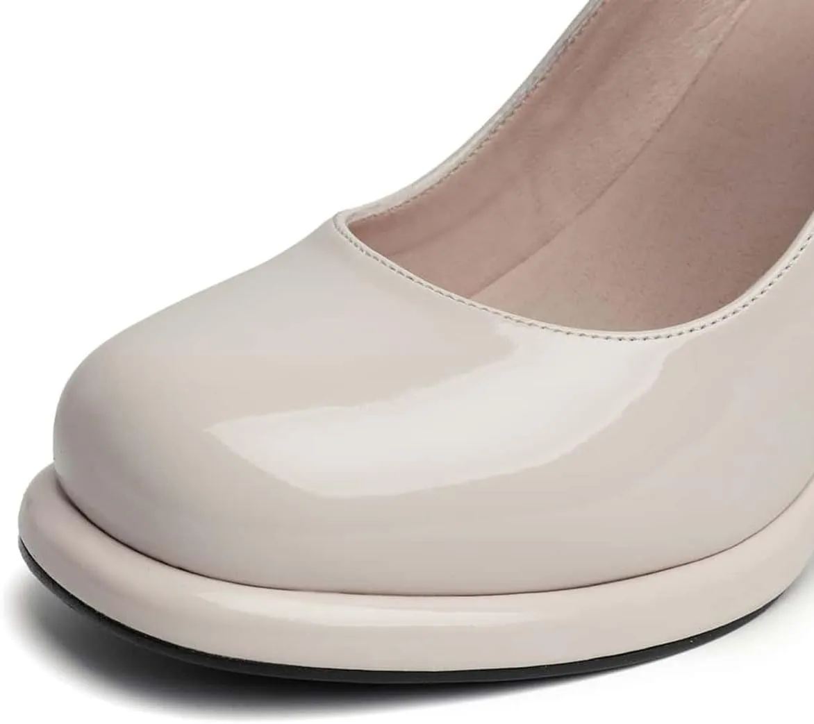 miss left Women's Platform Closed Round Toe Pumps Mary Janes Glossy Leather Ankle Strap Chunky High Heels Girls Party Dressy Shoes Size 4-16 US