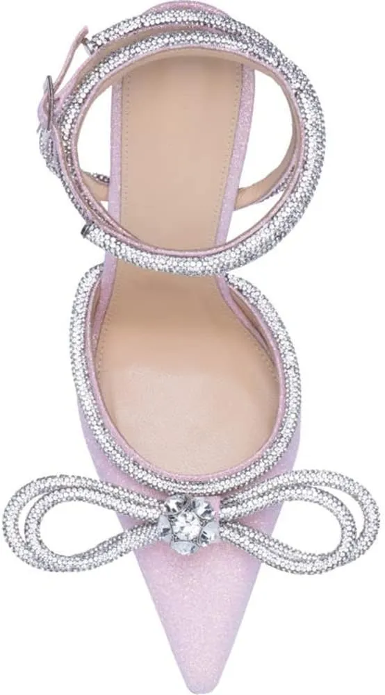 MissHeel Clear Rhinestone Ankle Strap Pumps Heels with Crystal Double Bows 3 inch