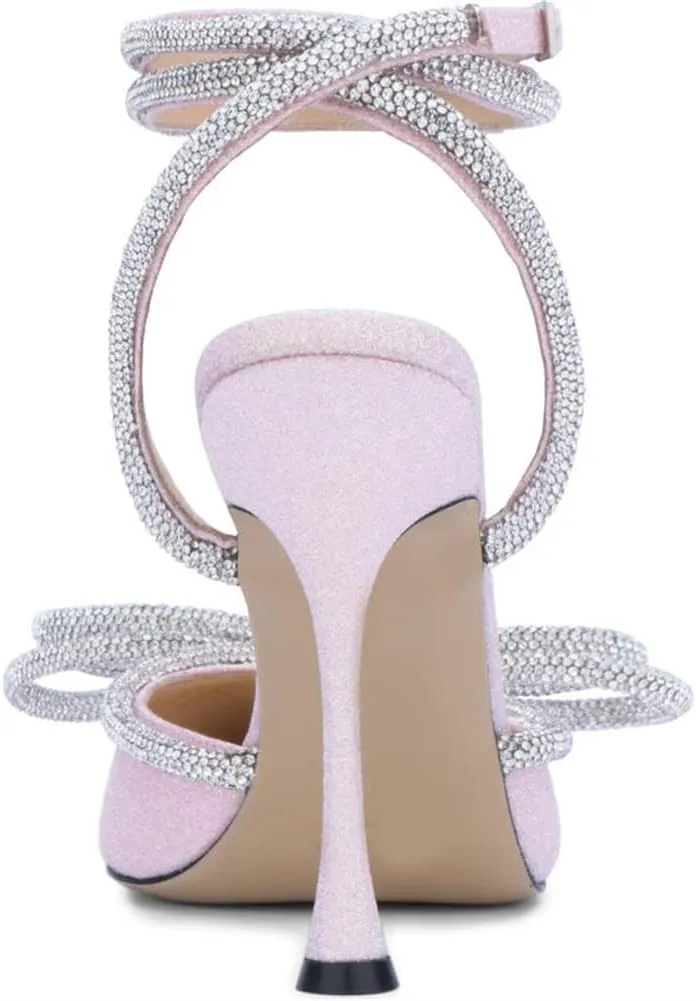 MissHeel Clear Rhinestone Ankle Strap Pumps Heels with Crystal Double Bows 3 inch