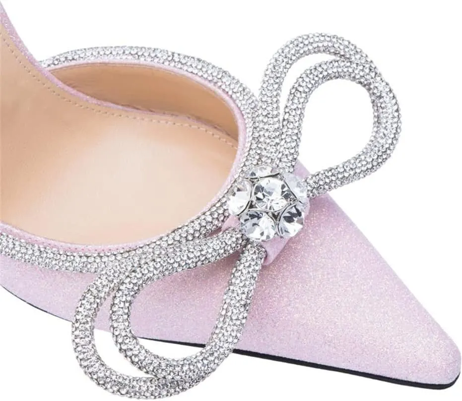 MissHeel Clear Rhinestone Ankle Strap Pumps Heels with Crystal Double Bows 3 inch