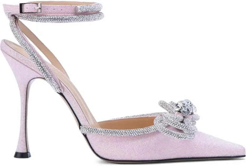 MissHeel Clear Rhinestone Ankle Strap Pumps Heels with Crystal Double Bows 3 inch
