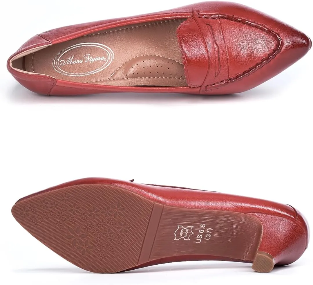 Mona flying Women's Leather Pump Med Heel Pointed Toe Office Dress Shoes for Ladies
