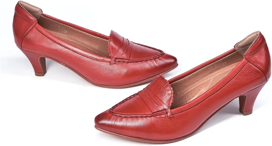 Mona flying Women's Leather Pump Med Heel Pointed Toe Office Dress Shoes for Ladies