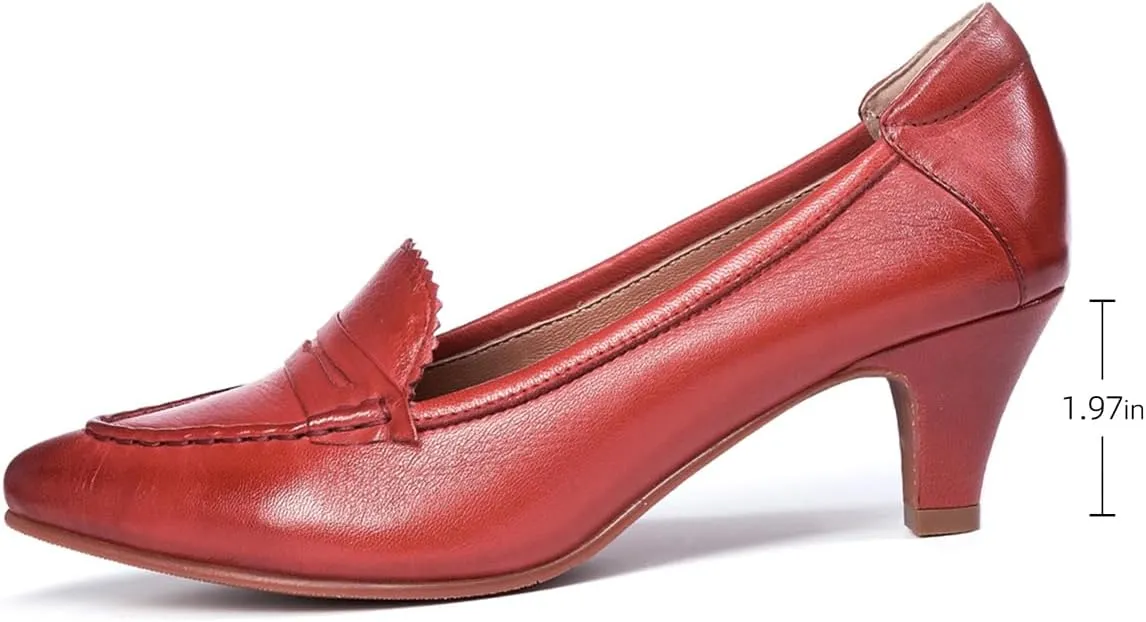 Mona flying Women's Leather Pump Med Heel Pointed Toe Office Dress Shoes for Ladies