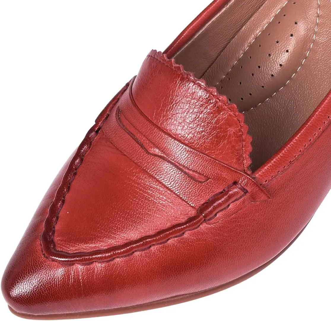 Mona flying Women's Leather Pump Med Heel Pointed Toe Office Dress Shoes for Ladies