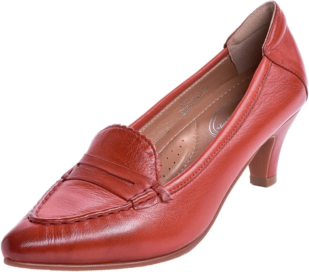 Mona flying Women's Leather Pump Med Heel Pointed Toe Office Dress Shoes for Ladies