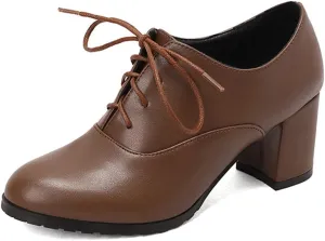 MRKEWUNEY Classic Womens Lace Up Wingtip Pump Pointed Toe Block High Heels