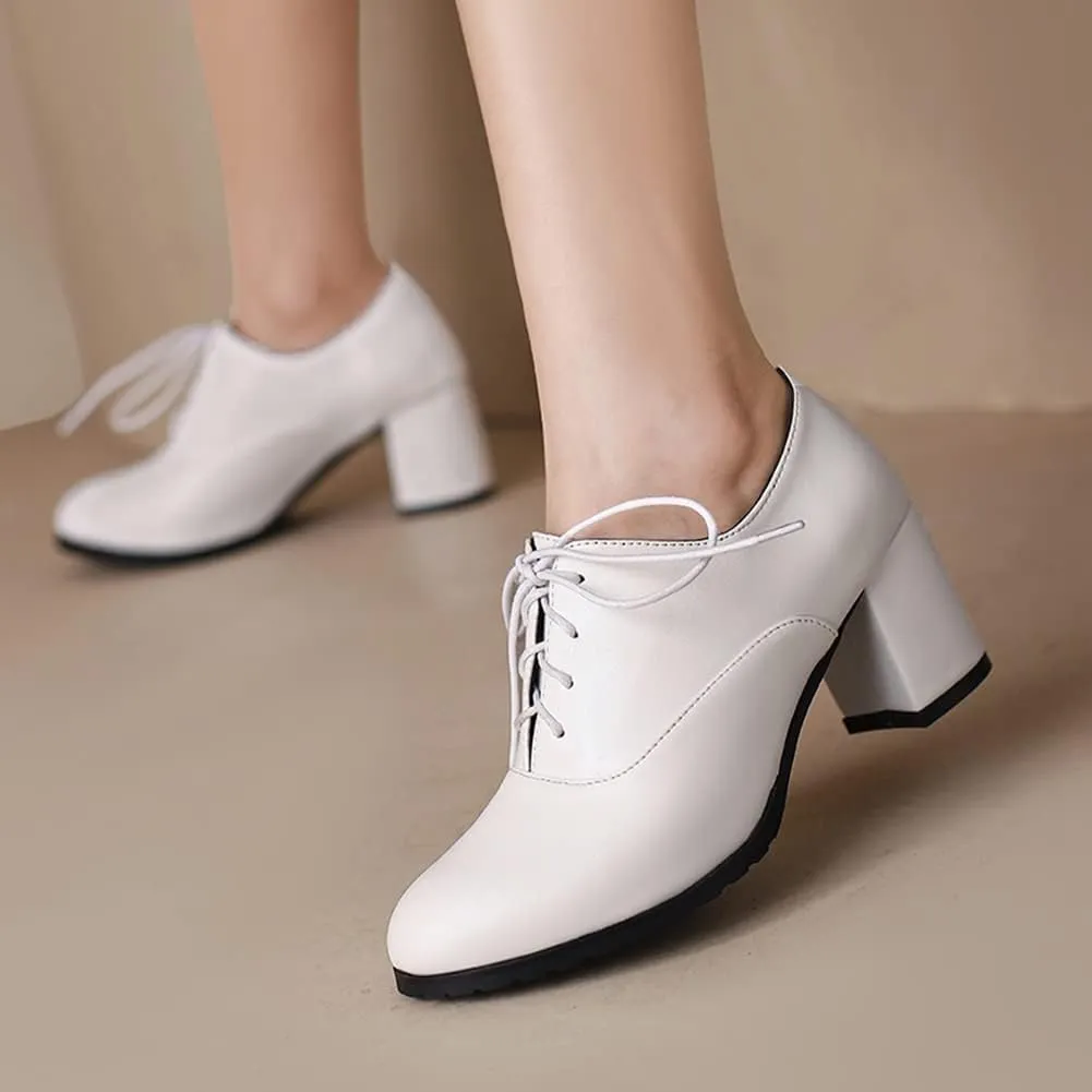 MRKEWUNEY Classic Womens Lace Up Wingtip Pump Pointed Toe Block High Heels