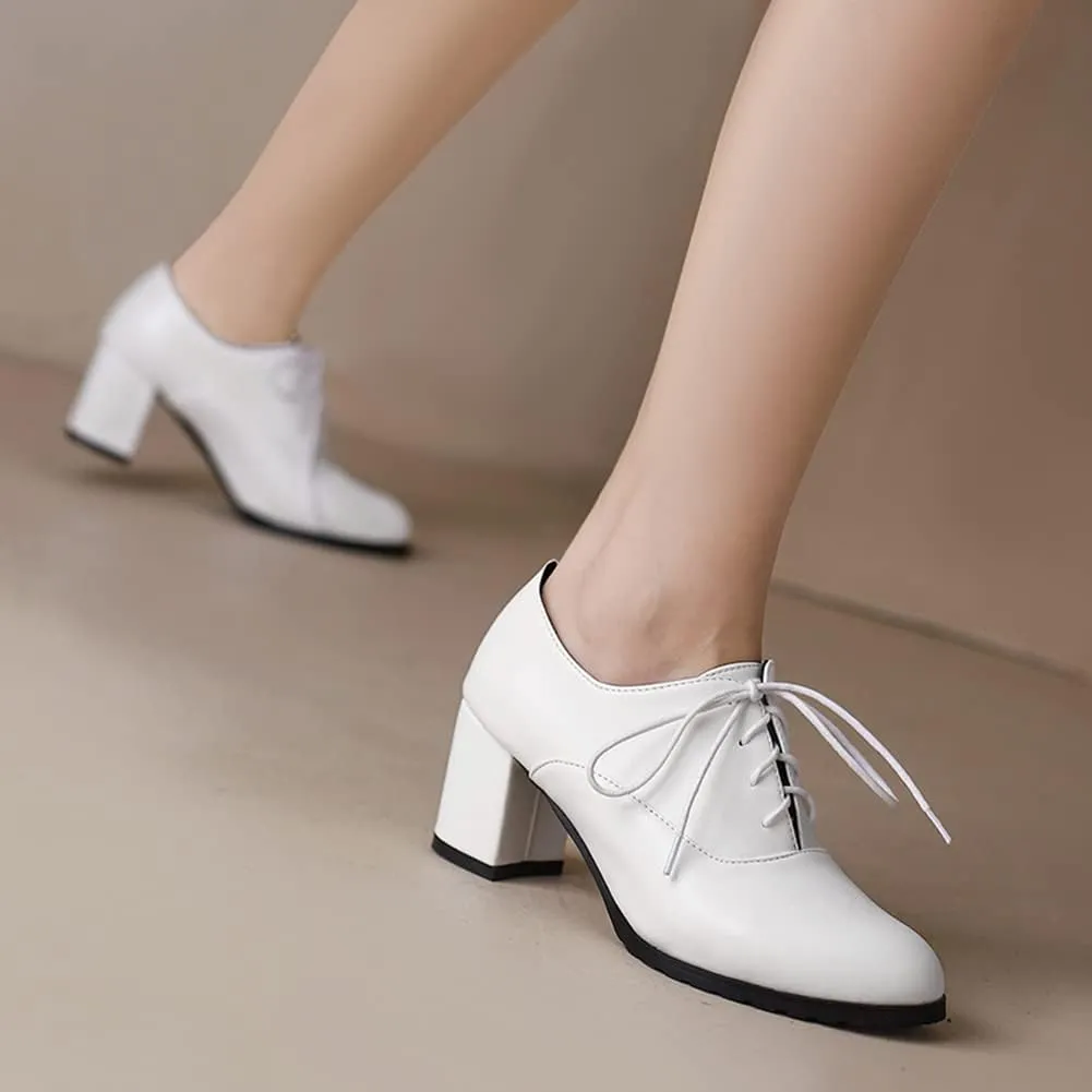 MRKEWUNEY Classic Womens Lace Up Wingtip Pump Pointed Toe Block High Heels