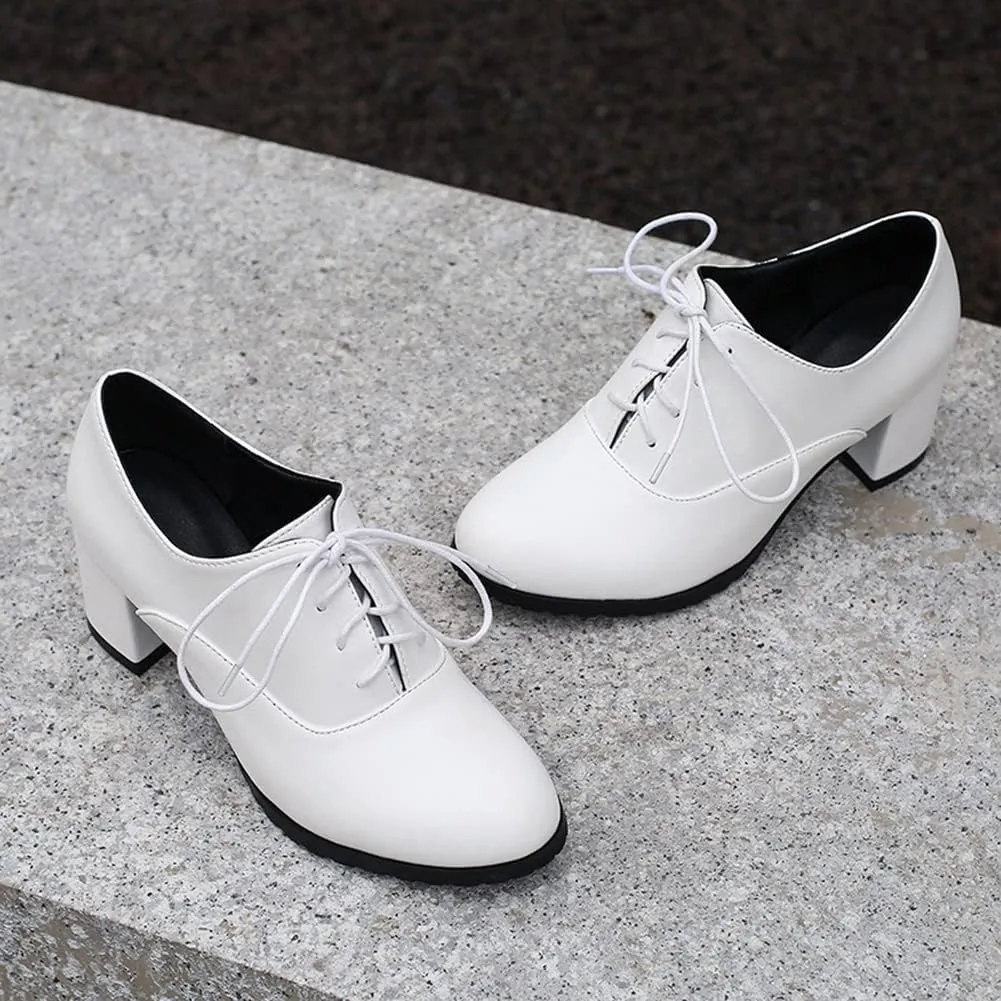 MRKEWUNEY Classic Womens Lace Up Wingtip Pump Pointed Toe Block High Heels