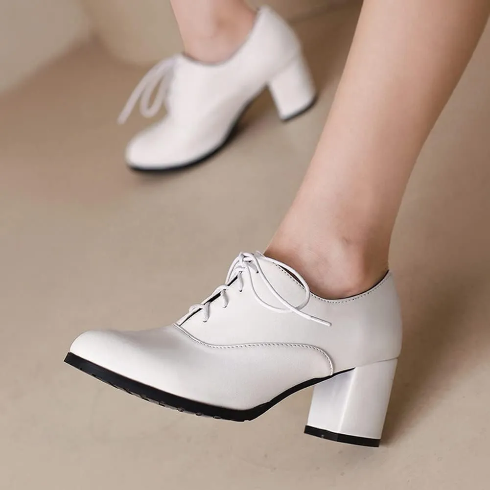 MRKEWUNEY Classic Womens Lace Up Wingtip Pump Pointed Toe Block High Heels