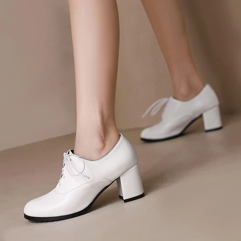 MRKEWUNEY Classic Womens Lace Up Wingtip Pump Pointed Toe Block High Heels