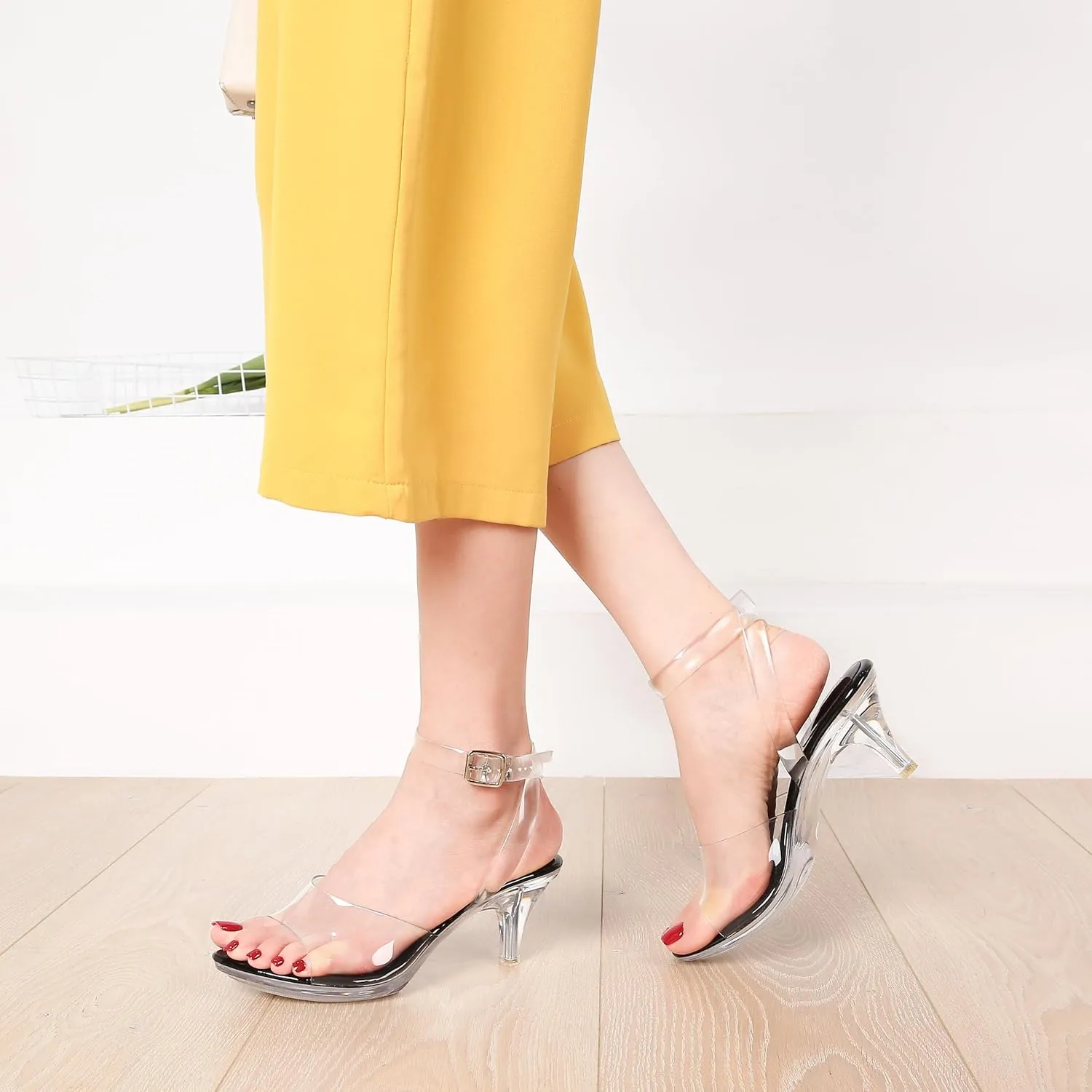 NBUUNBU Clear Strappy Heels For Women Transparent Ankle Strap Platform High Heeled Sandals Sexy Stiletto Comfortable Crystal Dress Shoes Adjustable Buckle Open Toe Pump Mules