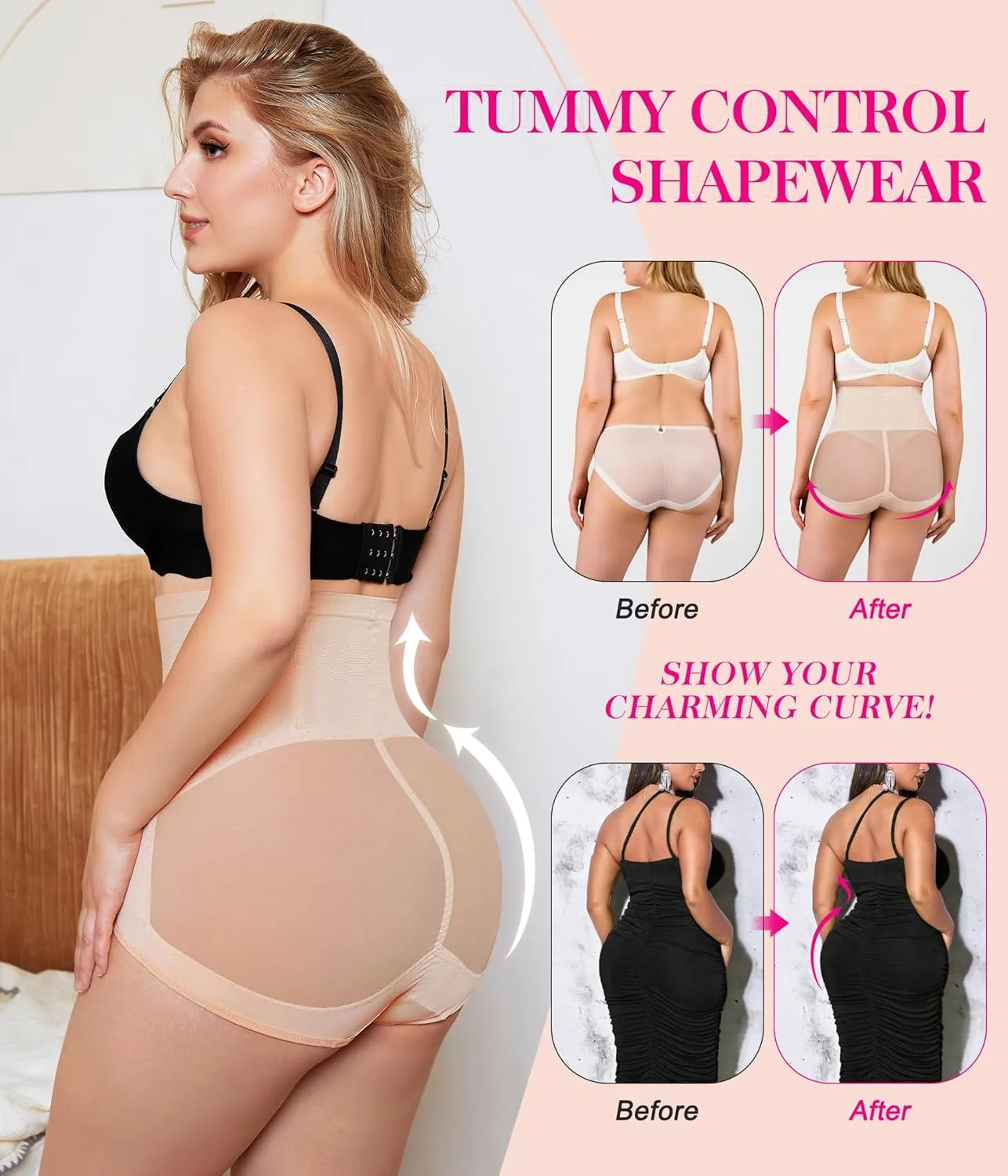 Nebility Plus Size Shapewear for Women Tummy Control Butt Lifting Panties Hi- Waist Trainer Body Shaper Short Belly Underwear