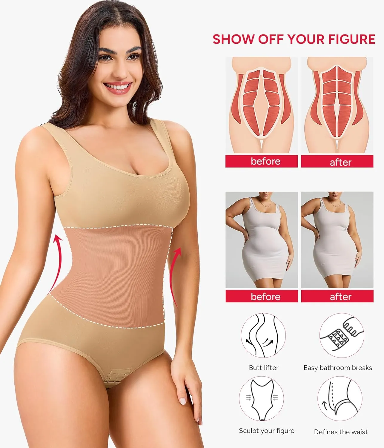 Nebility Womens' Waist Trainer Seamless Round Neck Tummy Control Shapewear Bodysuit