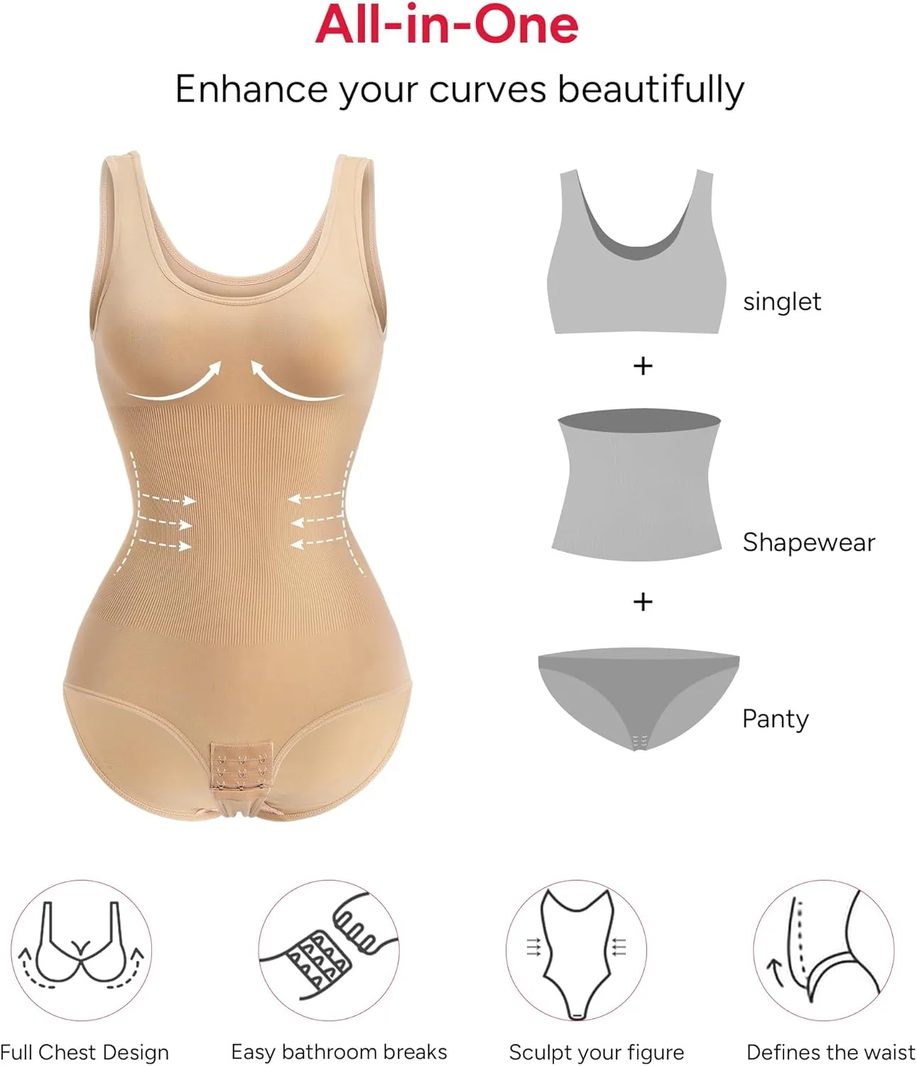 Nebility Womens' Waist Trainer Seamless Round Neck Tummy Control Shapewear Bodysuit