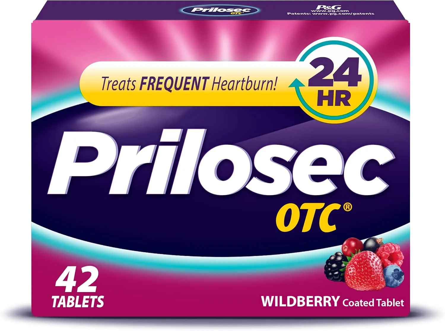Prilosec OTC, Omeprazole Delayed Release 20mg, Acid Reducer, Treats Frequent Heartburn for 24 Hour Relief, All Day, All Night*, Heartburn Medicine, 20mg, Wildberry Flavor, 42 Tablets