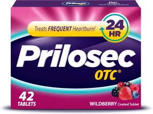 Prilosec OTC, Omeprazole Delayed Release 20mg, Acid Reducer, Treats Frequent Heartburn for 24 Hour Relief, All Day, All Night*, Heartburn Medicine, 20mg, Wildberry Flavor, 42 Tablets