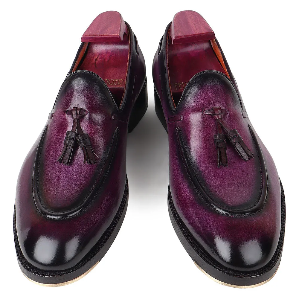 Purple Mirror Glossed Brushed Patina Tassel Loafer   Metal Toe