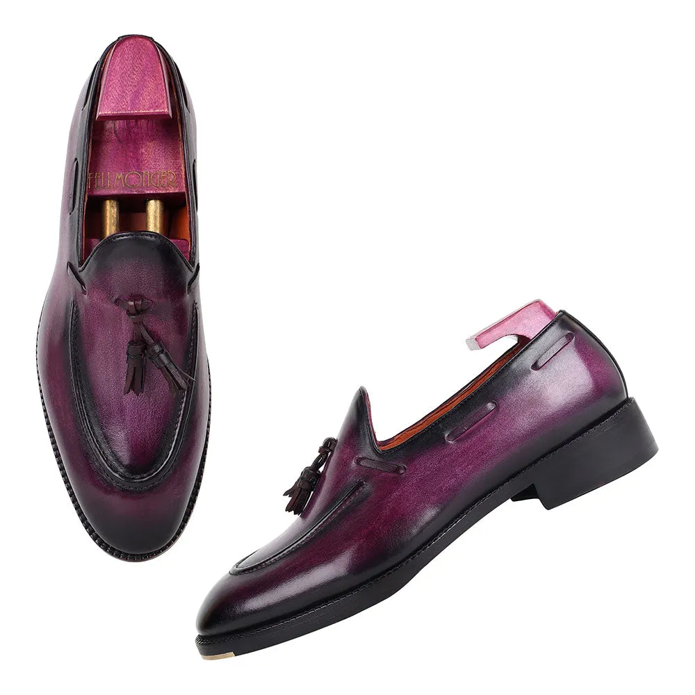 Purple Mirror Glossed Brushed Patina Tassel Loafer   Metal Toe