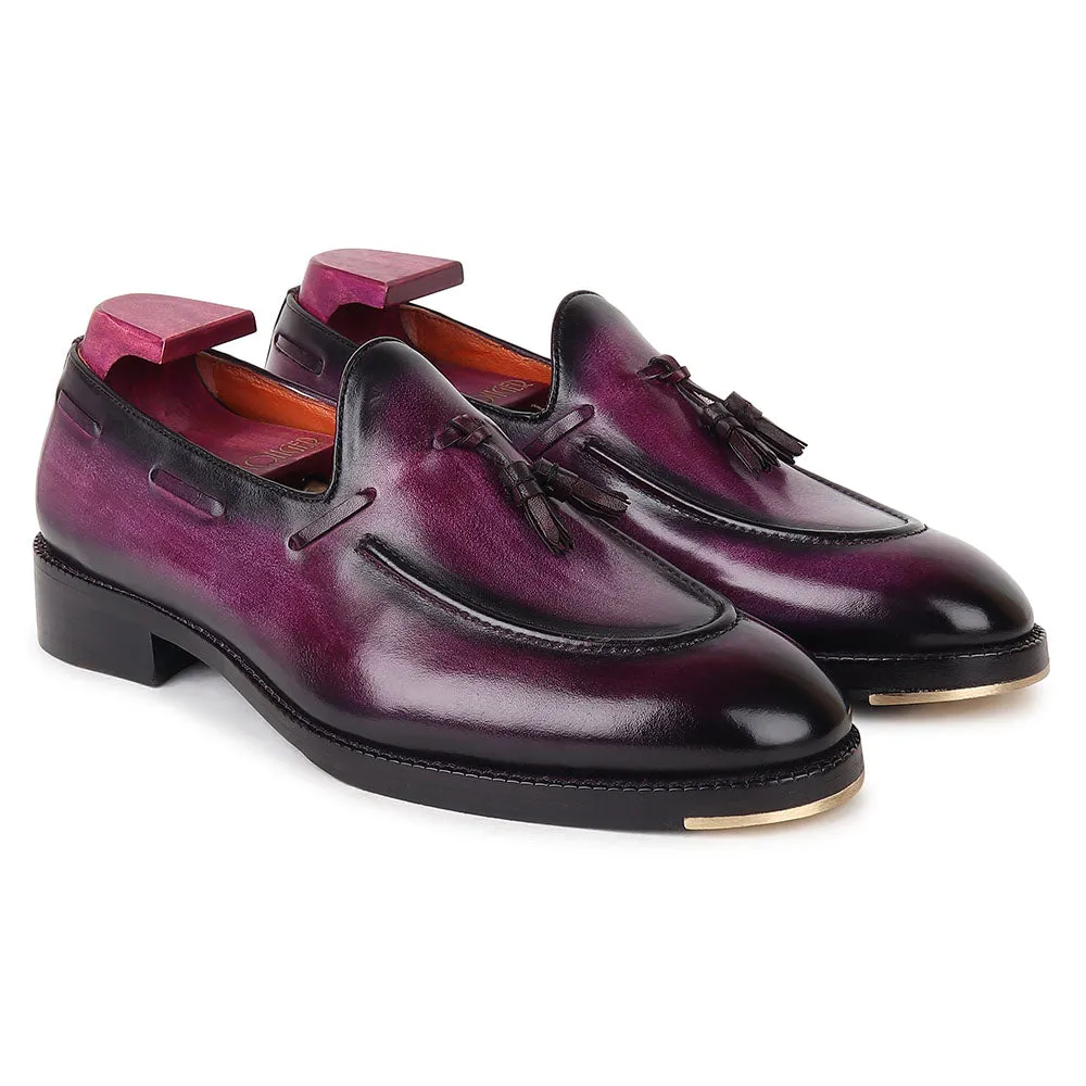 Purple Mirror Glossed Brushed Patina Tassel Loafer   Metal Toe