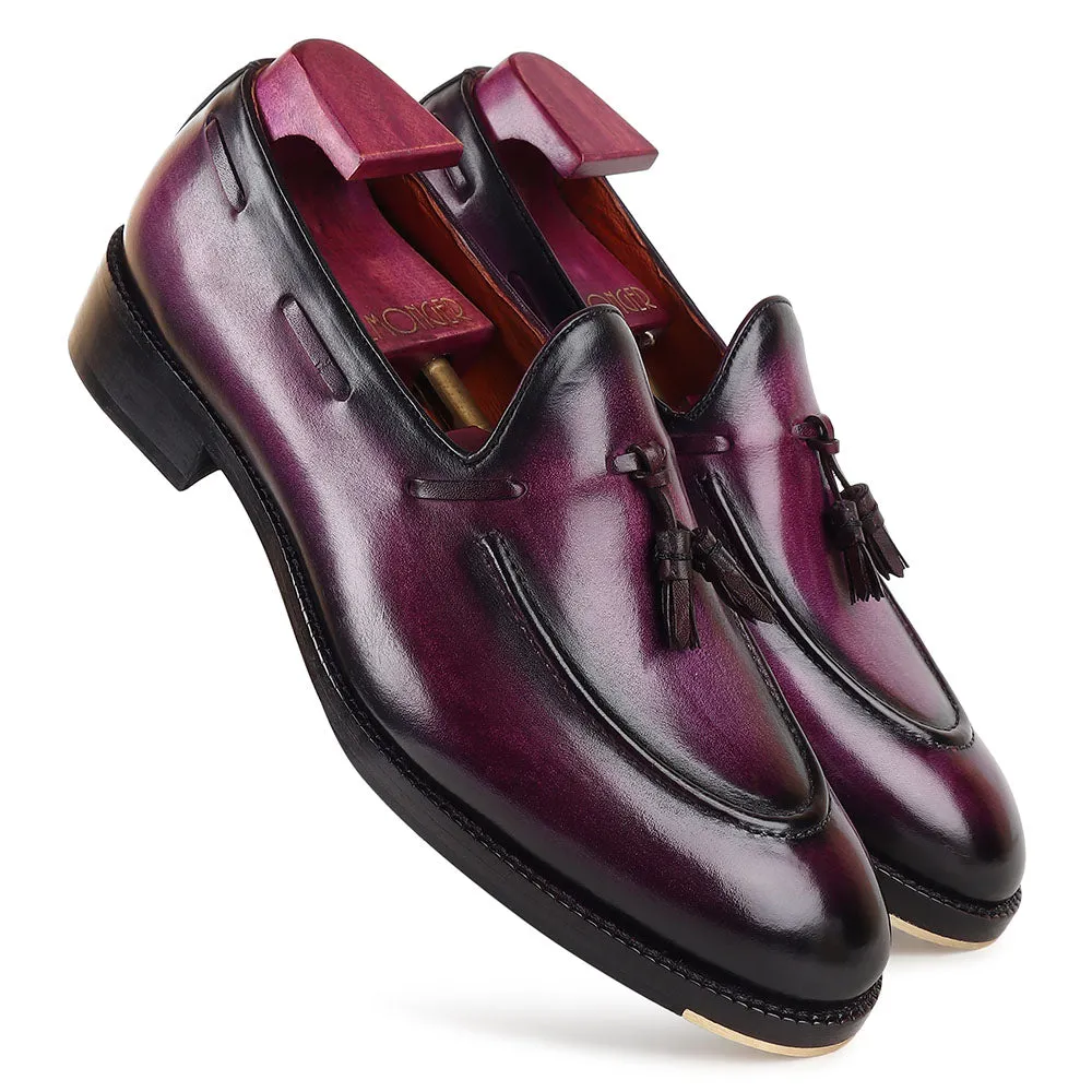 Purple Mirror Glossed Brushed Patina Tassel Loafer   Metal Toe