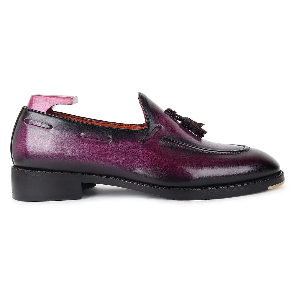 Purple Mirror Glossed Brushed Patina Tassel Loafer   Metal Toe