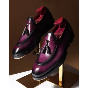 Purple Mirror Glossed Brushed Patina Tassel Loafer   Metal Toe