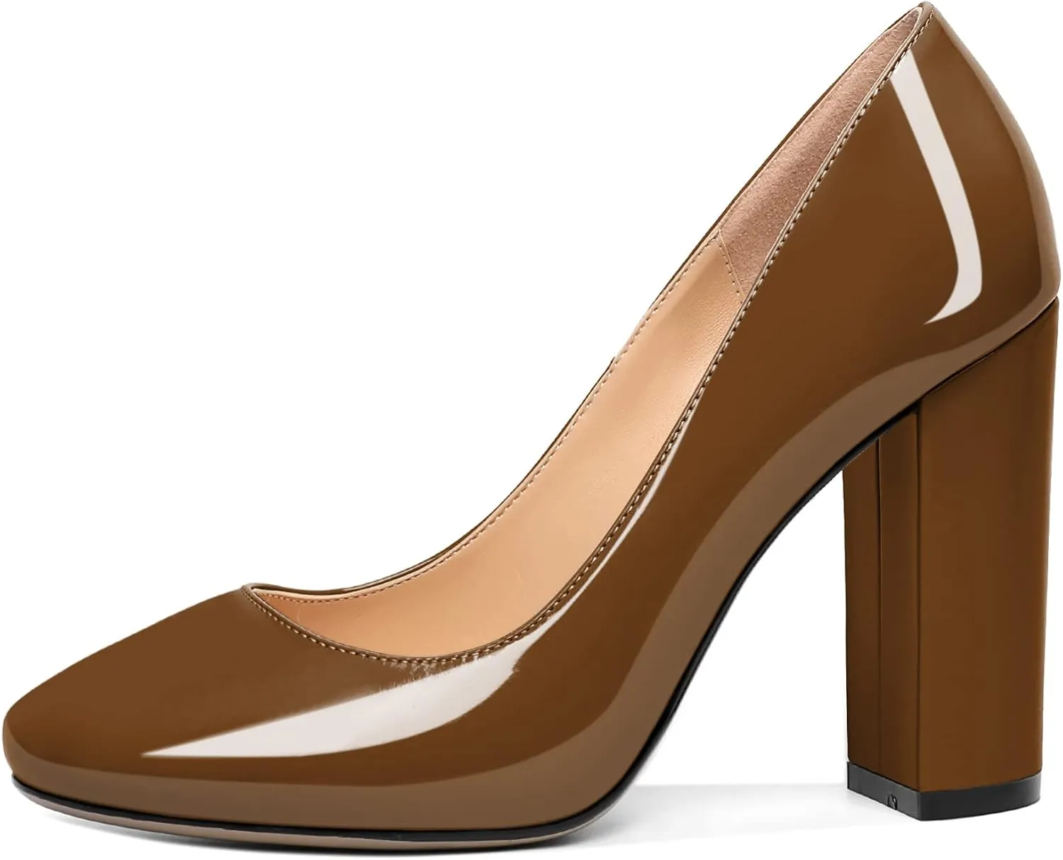 SAMMITOP Women's Round Toe Block Heel Pumps Slip On Chunky Patent High Heels Classic Wedding Dress Shoes for Party Events 4 Inches