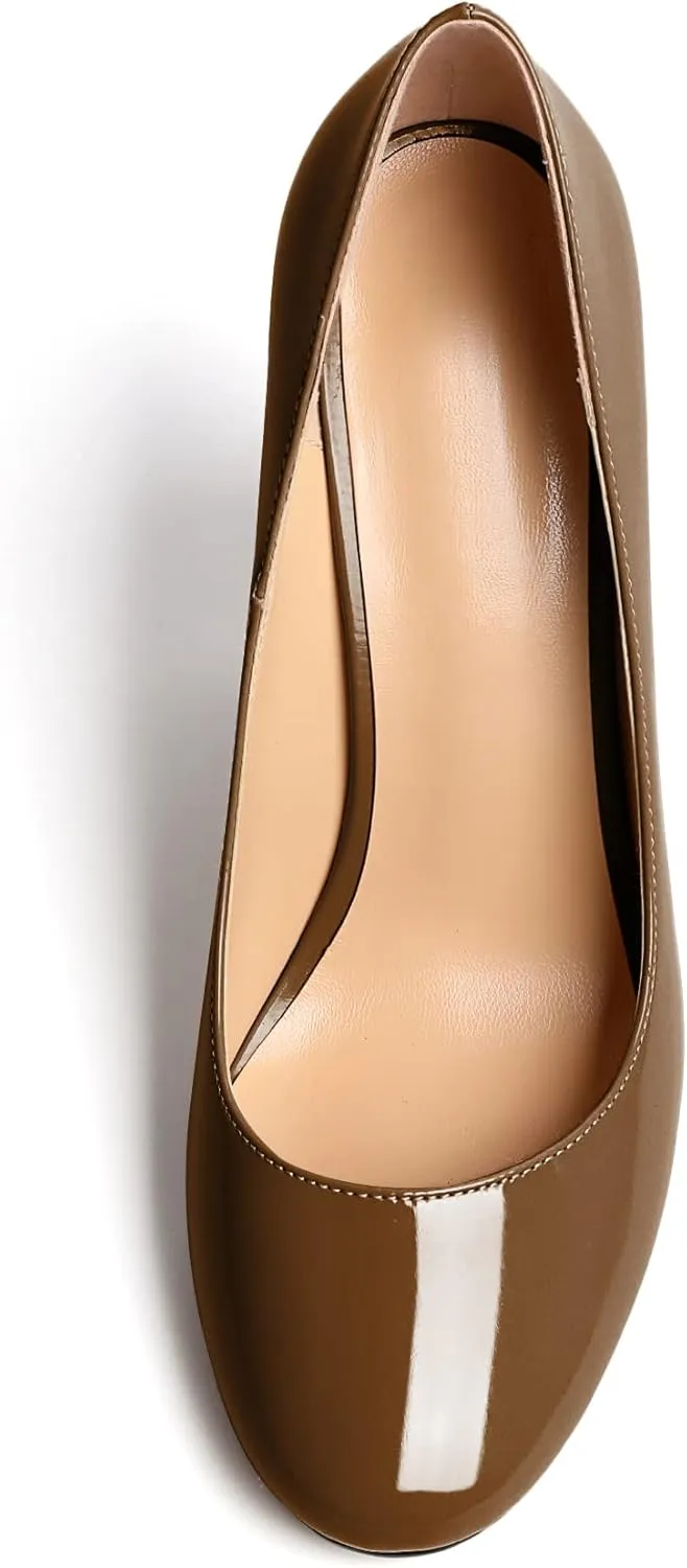 SAMMITOP Women's Round Toe Block Heel Pumps Slip On Chunky Patent High Heels Classic Wedding Dress Shoes for Party Events 4 Inches