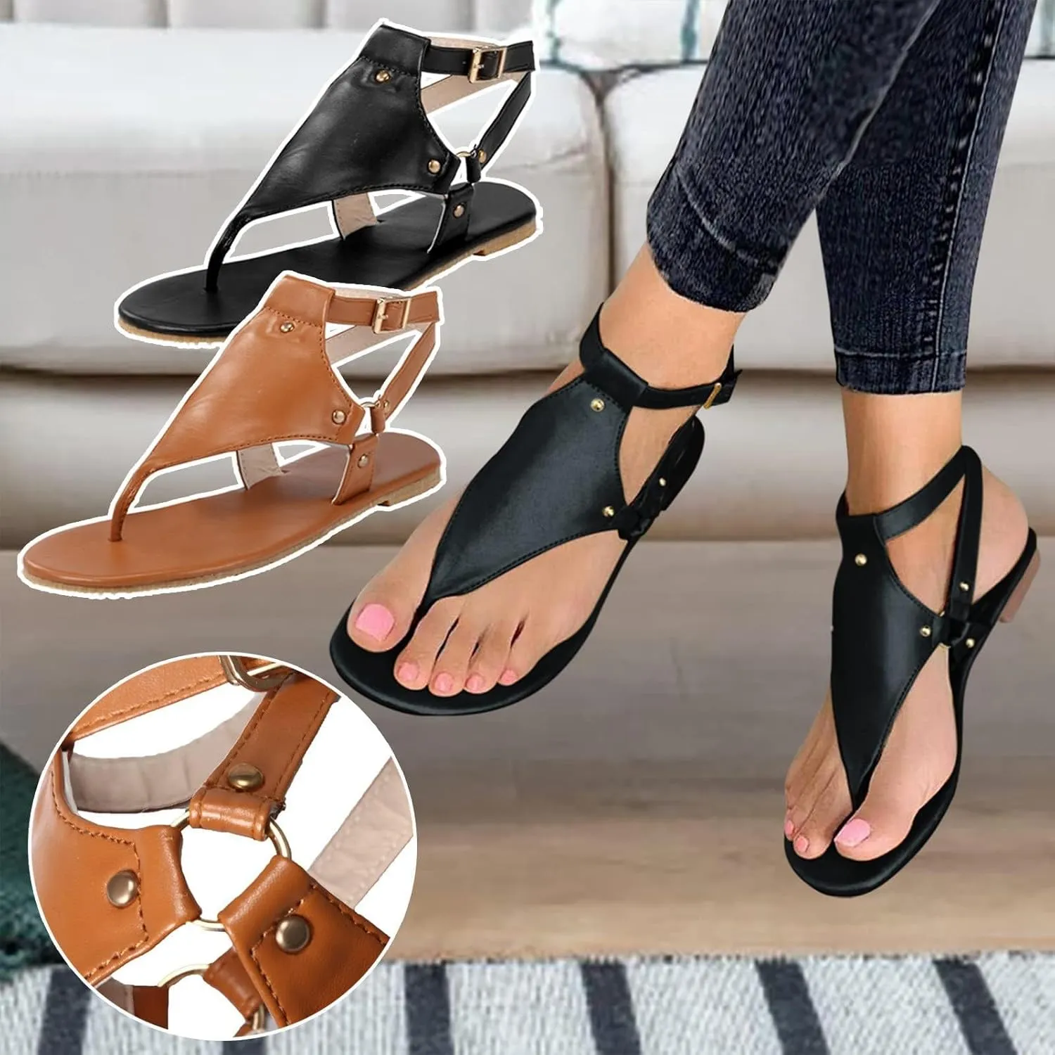 Sandals for Women Dressy Summer Thong Flip Flops Comfortable Ankle Strap Strappy Flat Sandals Walking Shoes Beach Sandals