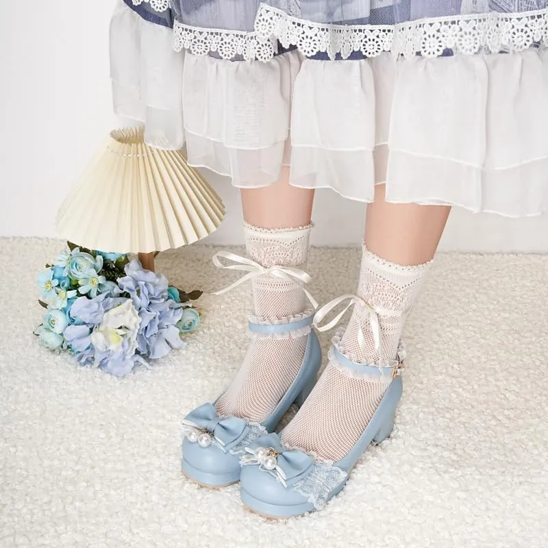Seborluys Women's Sweet Lolita Cosplay Shoes Mid Chunky Heel Kawaii Platform Mary Jane Dress Pumps Ankle Strap with Lace Bow