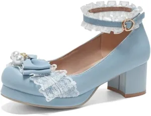 Seborluys Women's Sweet Lolita Cosplay Shoes Mid Chunky Heel Kawaii Platform Mary Jane Dress Pumps Ankle Strap with Lace Bow