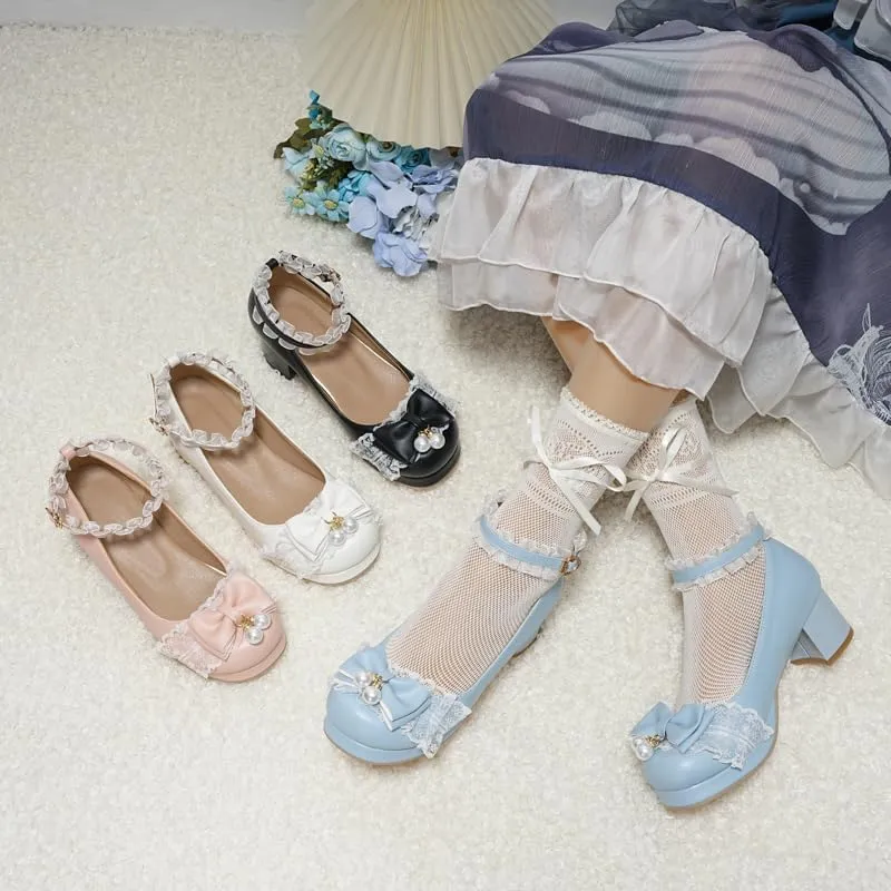 Seborluys Women's Sweet Lolita Cosplay Shoes Mid Chunky Heel Kawaii Platform Mary Jane Dress Pumps Ankle Strap with Lace Bow