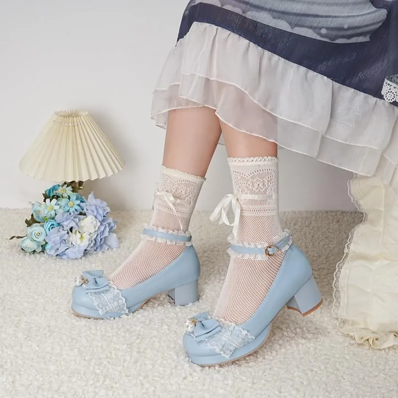 Seborluys Women's Sweet Lolita Cosplay Shoes Mid Chunky Heel Kawaii Platform Mary Jane Dress Pumps Ankle Strap with Lace Bow