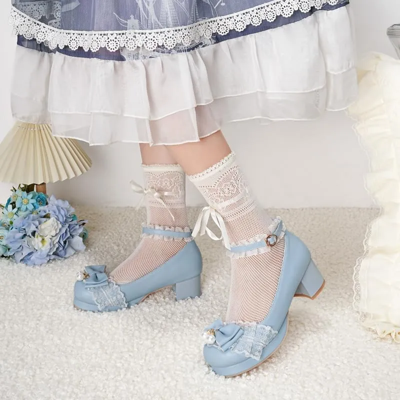 Seborluys Women's Sweet Lolita Cosplay Shoes Mid Chunky Heel Kawaii Platform Mary Jane Dress Pumps Ankle Strap with Lace Bow