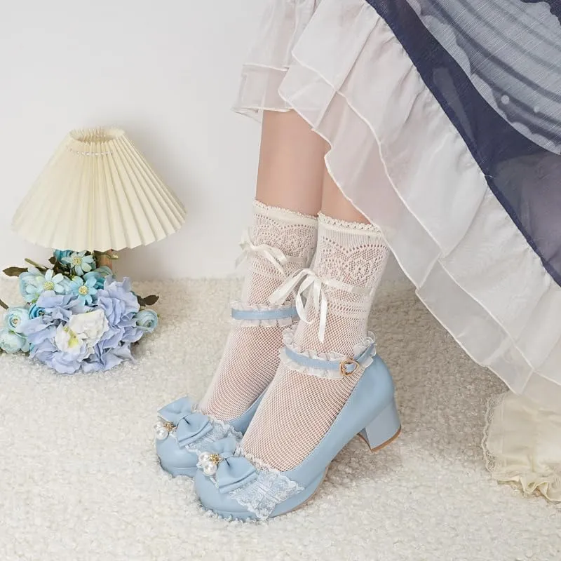 Seborluys Women's Sweet Lolita Cosplay Shoes Mid Chunky Heel Kawaii Platform Mary Jane Dress Pumps Ankle Strap with Lace Bow
