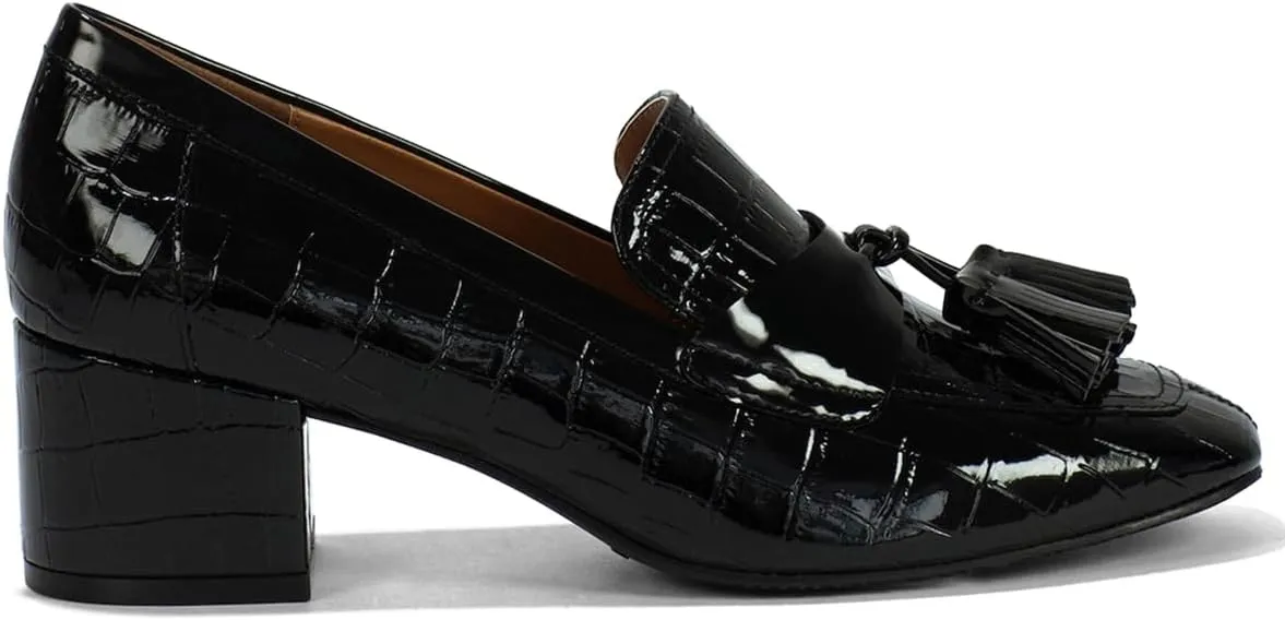 SHODENSE Women Chunky Block Heel Fringe Loafers Shoes Square Closed Toe Patent Leather Crocodile Penny Loafers Slip On Tassel Stone Pattern Oxford Shoes Dressy Office Work Formal Fall Chic 4-11 M US