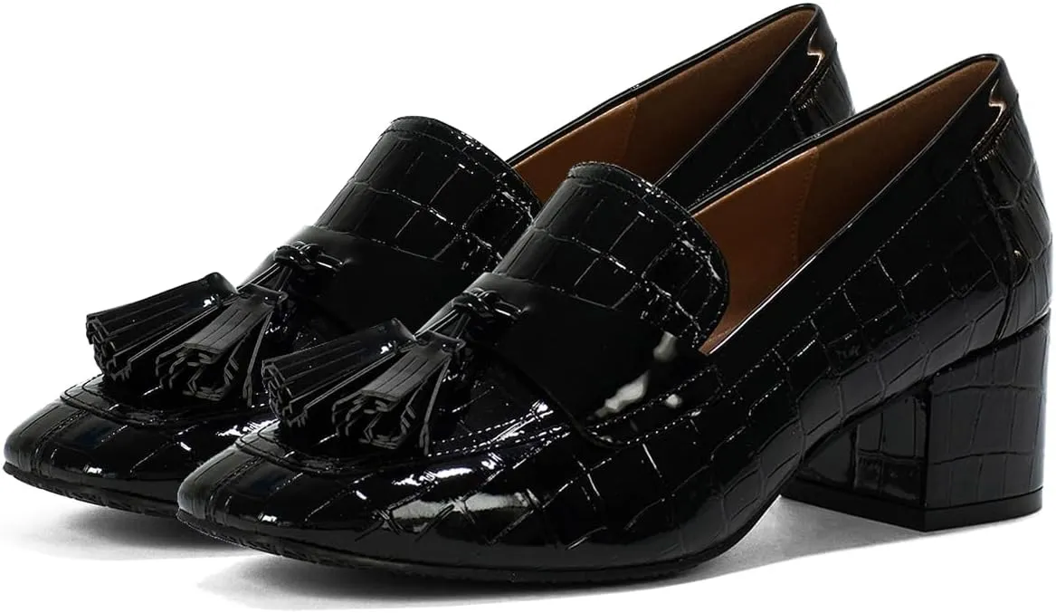 SHODENSE Women Chunky Block Heel Fringe Loafers Shoes Square Closed Toe Patent Leather Crocodile Penny Loafers Slip On Tassel Stone Pattern Oxford Shoes Dressy Office Work Formal Fall Chic 4-11 M US