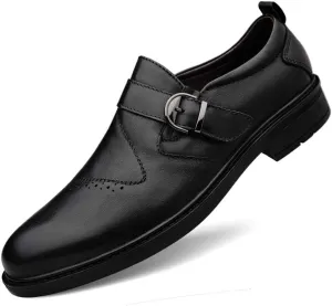 Single Season Dress Oxford for Men Slip On Round Toe Monk Strap Cowhide Block Heel Low Top Non Slip Resistant Walking Very Popular Among Young People (Color : Black Smooth, Size : 7.5)
