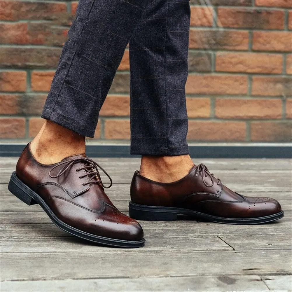 Single Season Dress Oxford Shoes for Men Lace Up Brogue Embossed Wing-tip Round Toe Cowhide Block Heel Slip Resistant Low Top Non Slip Anti-Slip Business Very Popular Among Young People