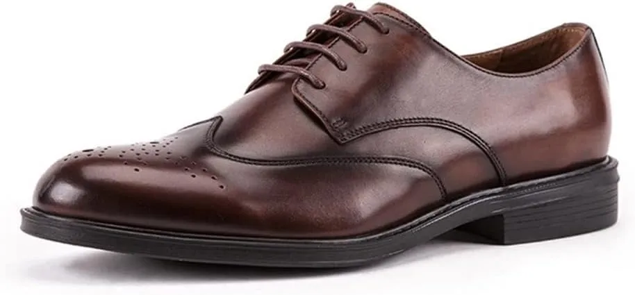 Single Season Dress Oxford Shoes for Men Lace Up Brogue Embossed Wing-tip Round Toe Cowhide Block Heel Slip Resistant Low Top Non Slip Anti-Slip Business Very Popular Among Young People