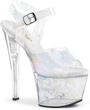 SKY-308N - 7" Heel Platform, Open Toe, Ankle Strap Sandal in Super Comfy Jelly Polyurethane Silver Holographic 9