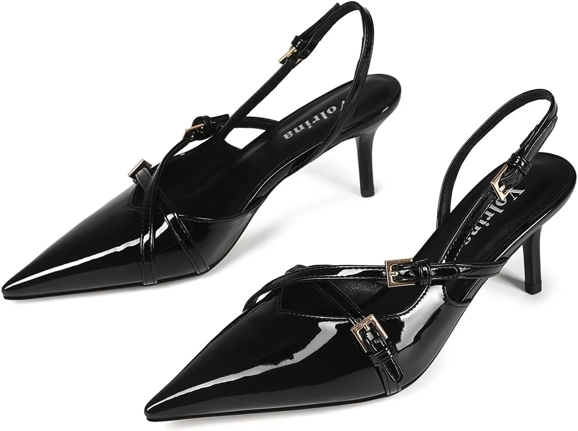 Slingback Kitten Heels Pointed Toe Buckle Straps Stiletto high Heeled Sandals Pump for Women Prom Party Dress Shoes