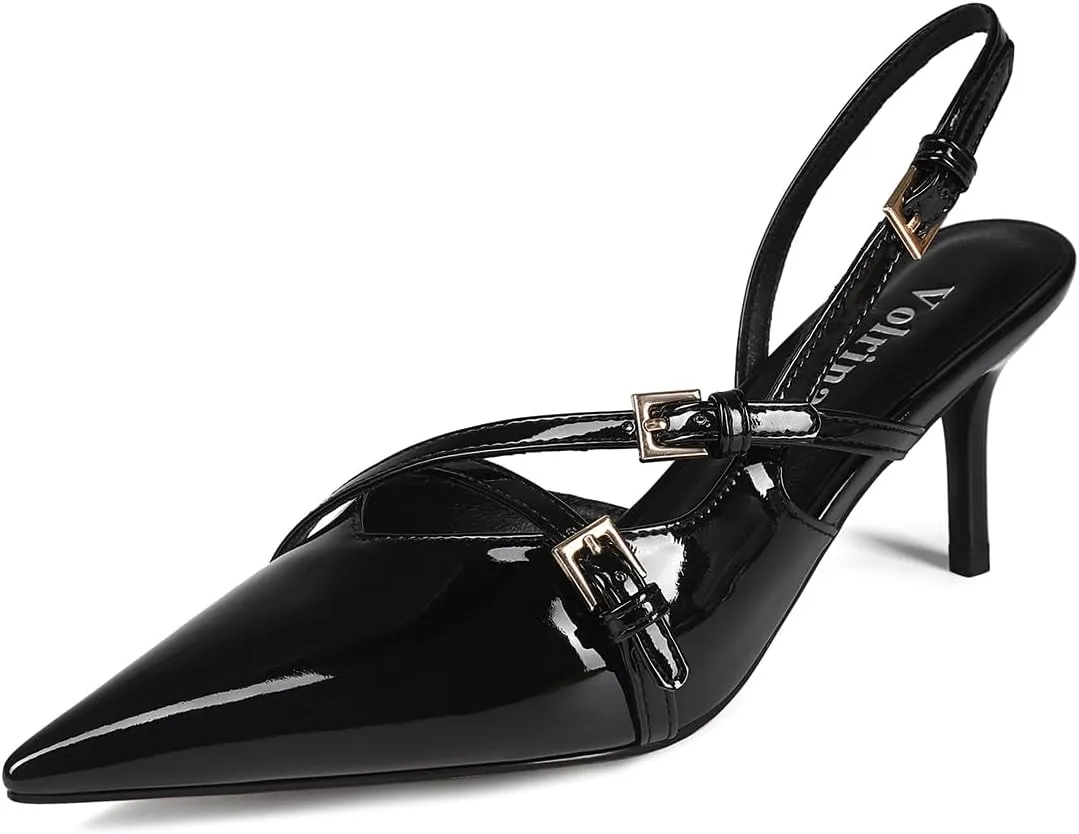 Slingback Kitten Heels Pointed Toe Buckle Straps Stiletto high Heeled Sandals Pump for Women Prom Party Dress Shoes