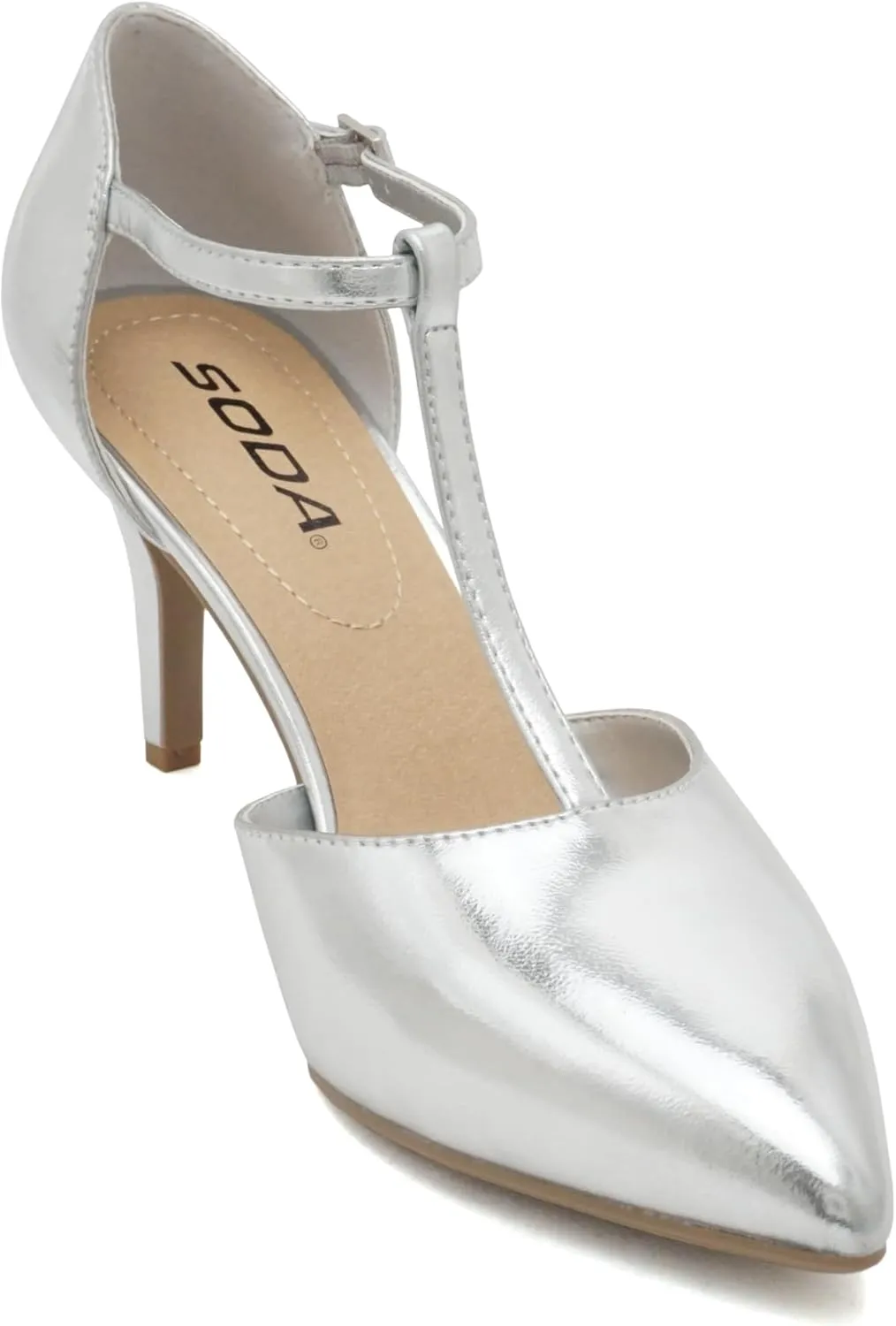 Soda Bahia ~ Women Pointed Toe Closed Back Counter Stiletto Mid Heel T-Strap Pump Shoe