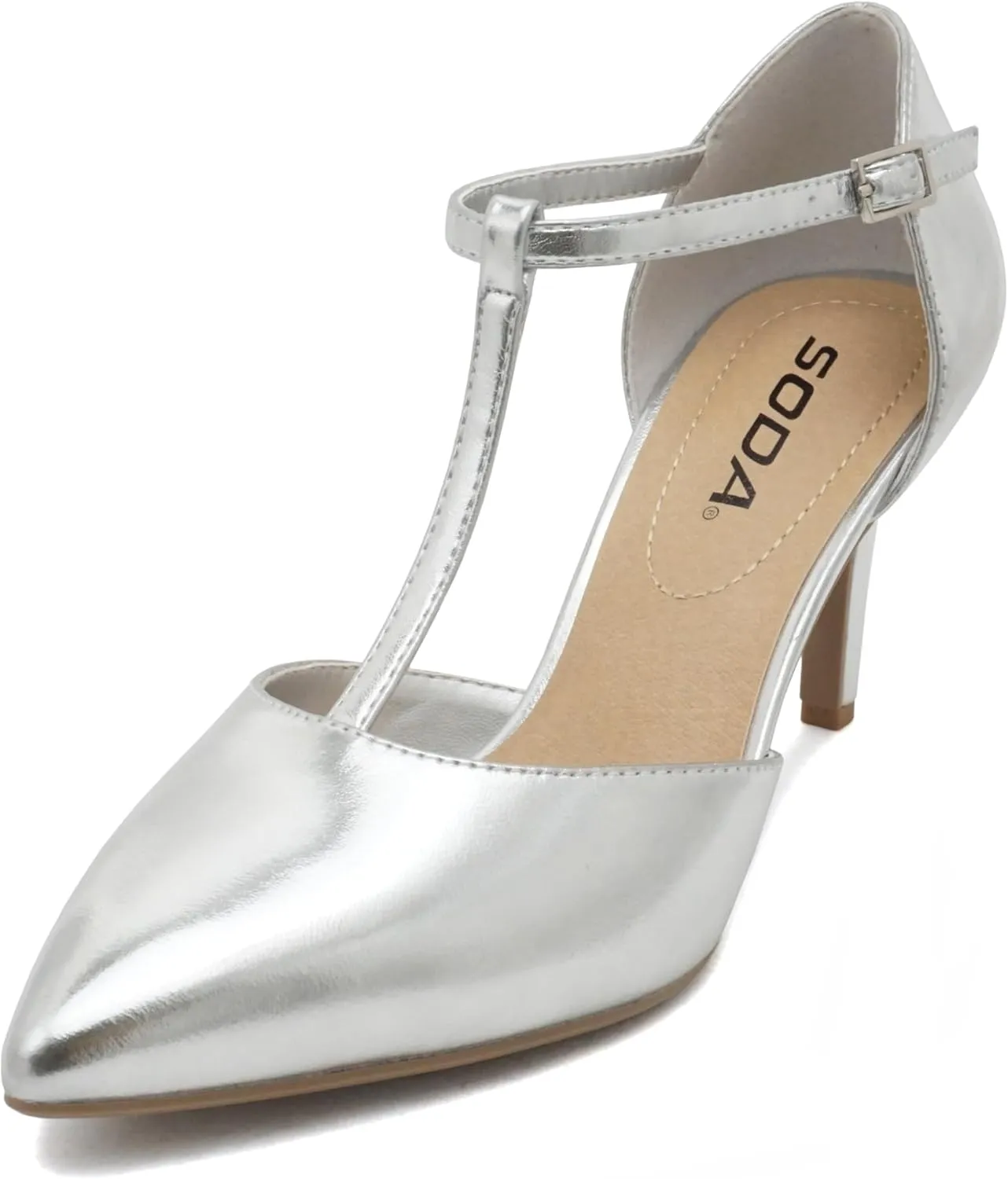 Soda Bahia ~ Women Pointed Toe Closed Back Counter Stiletto Mid Heel T-Strap Pump Shoe