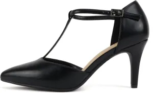 Soda Bahia ~ Women Pointed Toe Closed Back Counter Stiletto Mid Heel T-Strap Pump Shoe