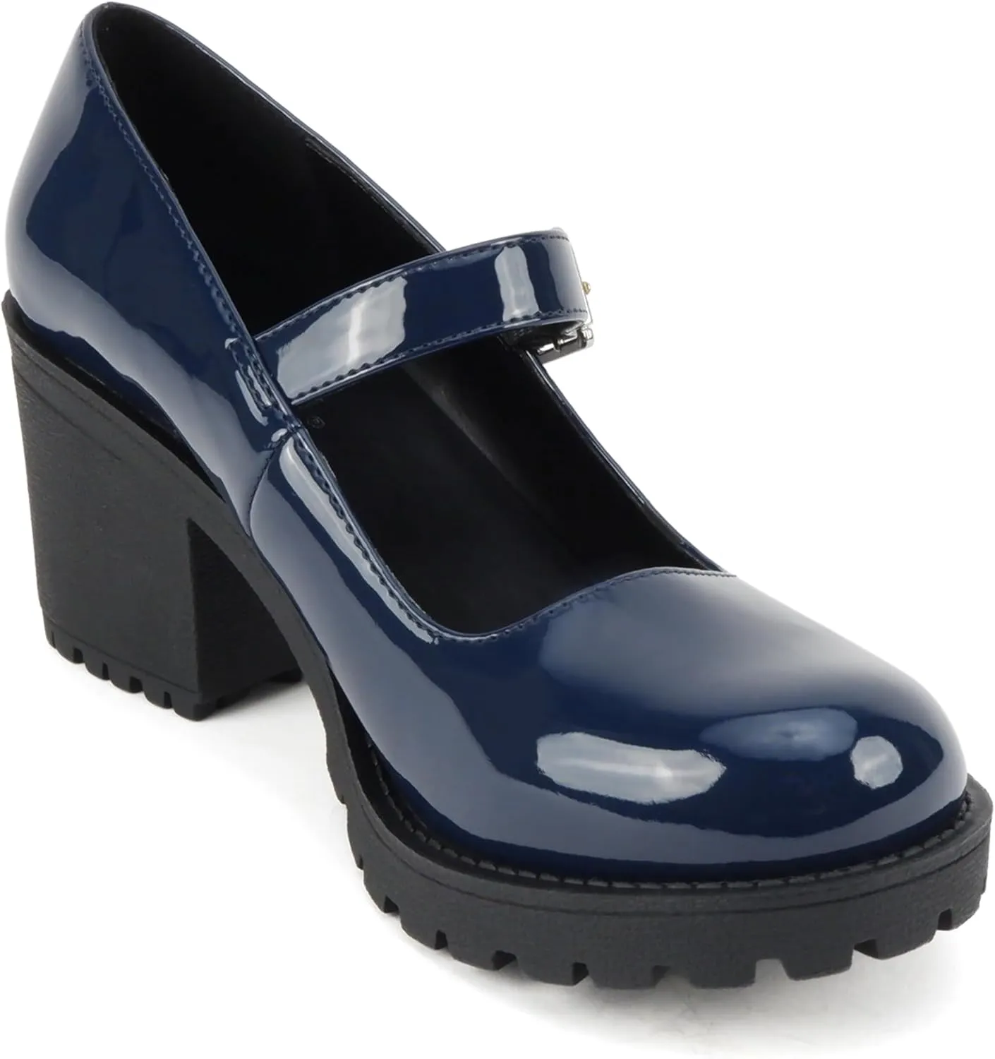 Soda “Eviana” ~ Women Mary Jane Round Toe Mid Chunky Block Heel Lug Sole Pump with Adjustable Strap