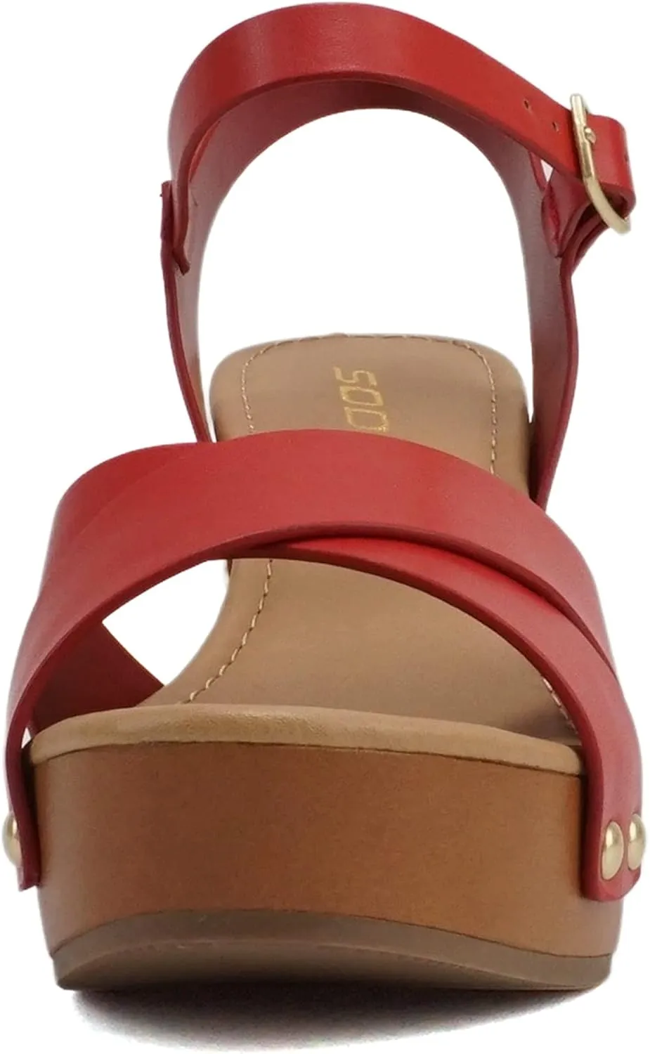 Soda MIGUEL ~ Women Crisscross Band Fashion Chunky Platform Block Mid Heel Sandal with Ankle Strap and Stud
